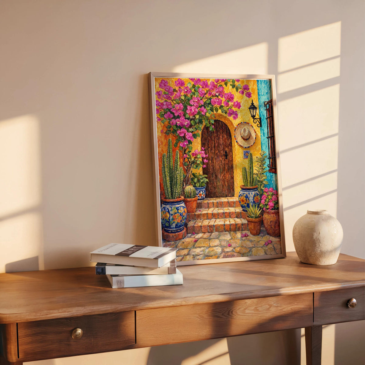 Mexican Courtyard Art Print, Vibrant Cactus Garden Wall Decor, Mexico Pueblo Architecture Poster, Colorful Boho Painting, Desert Home Accent