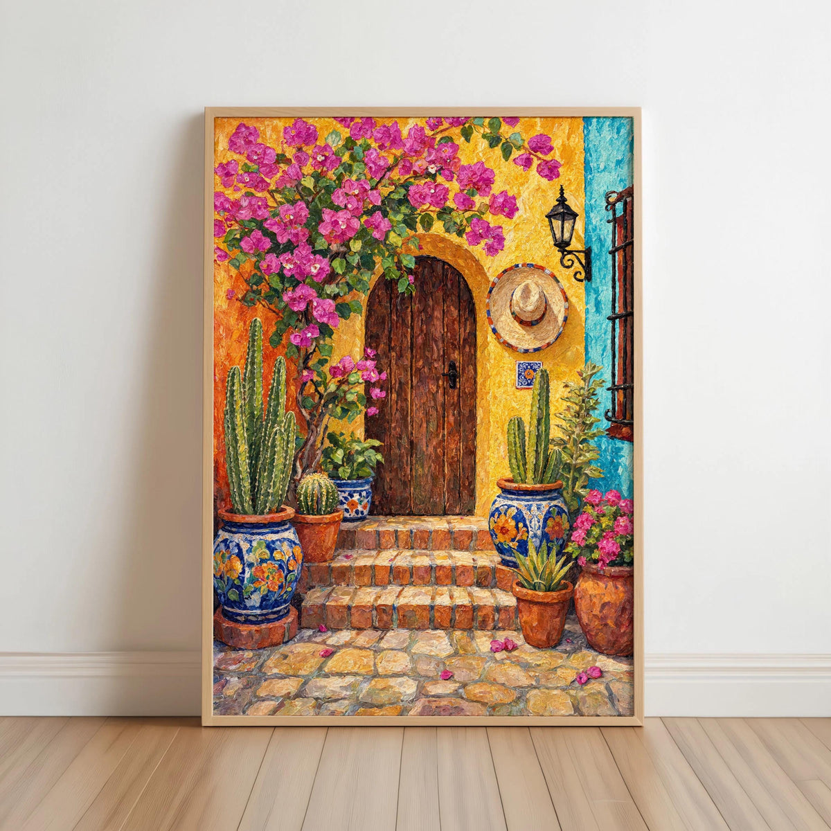 Mexican Courtyard Art Print, Vibrant Cactus Garden Wall Decor, Mexico Pueblo Architecture Poster, Colorful Boho Painting, Desert Home Accent