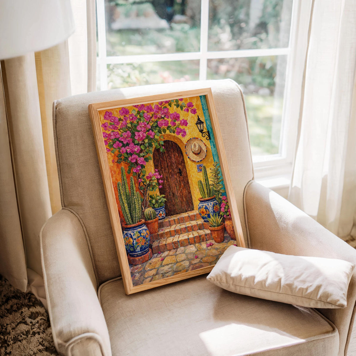 Mexican Courtyard Art Print, Vibrant Cactus Garden Wall Decor, Mexico Pueblo Architecture Poster, Colorful Boho Painting, Desert Home Accent