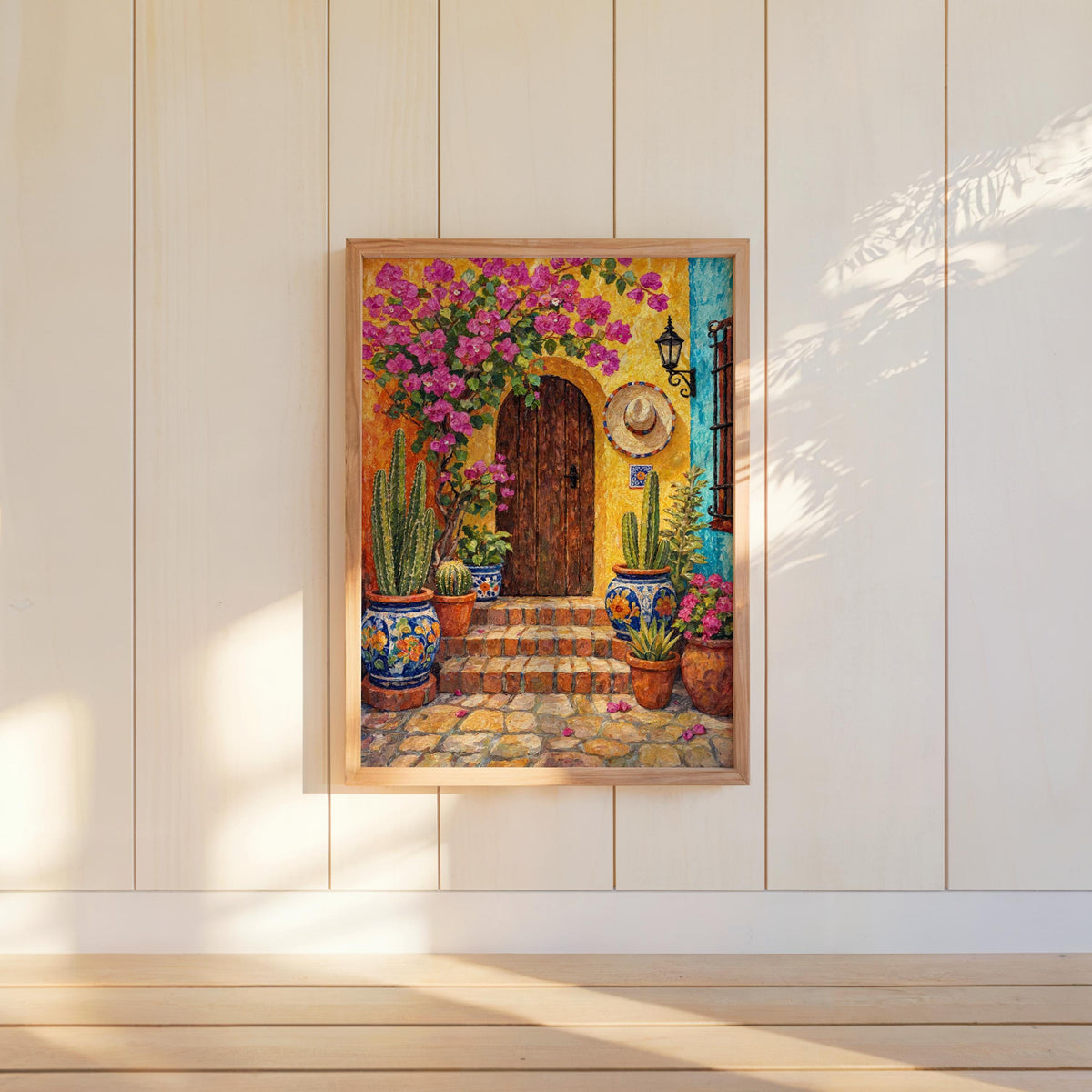 Mexican Courtyard Art Print, Vibrant Cactus Garden Wall Decor, Mexico Pueblo Architecture Poster, Colorful Boho Painting, Desert Home Accent
