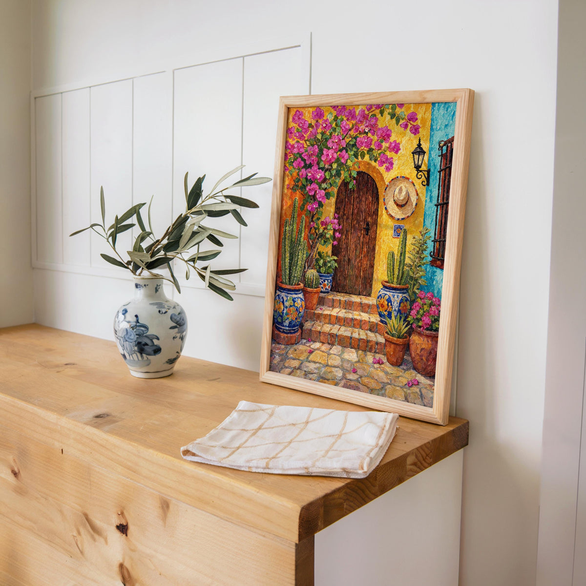 Mexican Courtyard Art Print, Vibrant Cactus Garden Wall Decor, Mexico Pueblo Architecture Poster, Colorful Boho Painting, Desert Home Accent