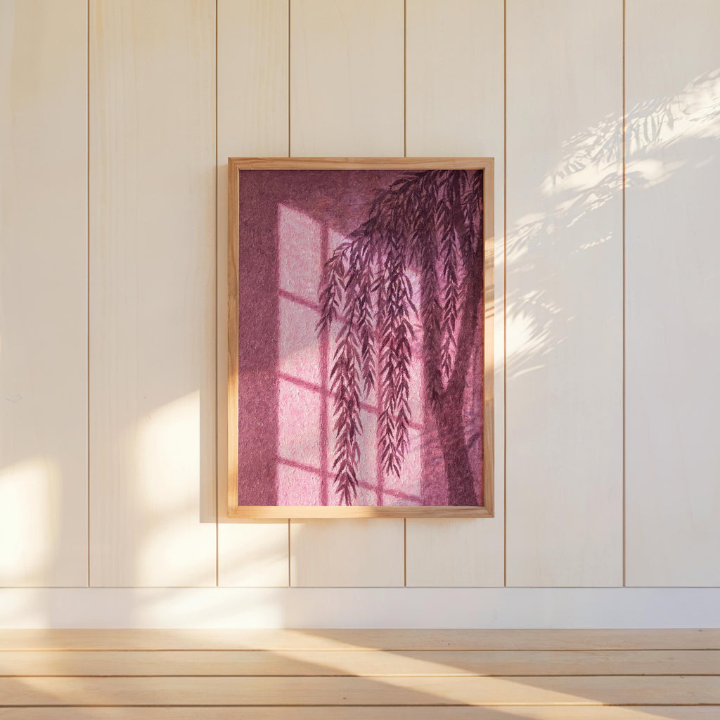 Willow Shadow Wall Art, Window Light Oil Paitning, Botanical Moody Plant Canvas, Warm Minimalist Silhouette Decor