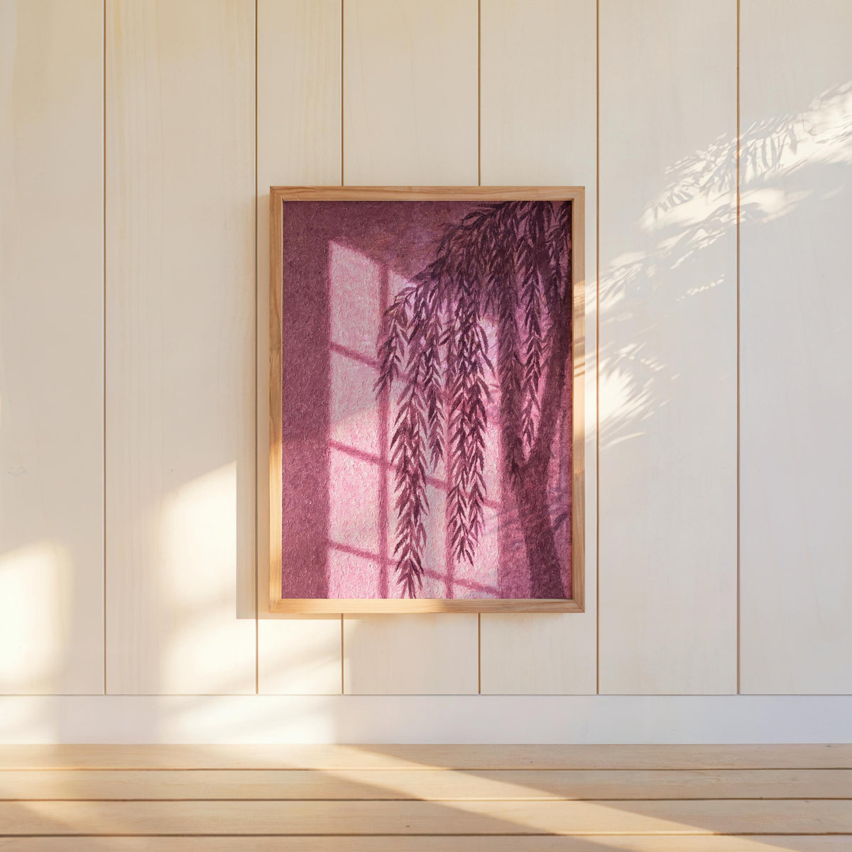 Willow Shadow Wall Art, Window Light Oil Paitning, Botanical Moody Plant Canvas, Warm Minimalist Silhouette Decor