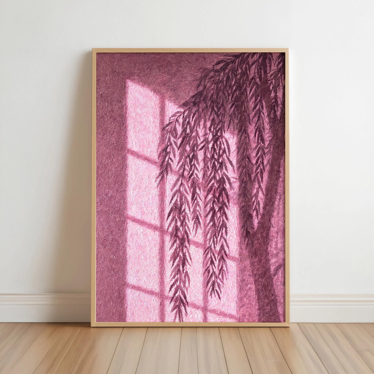 Willow Shadow Wall Art, Window Light Oil Paitning, Botanical Moody Plant Canvas, Warm Minimalist Silhouette Decor