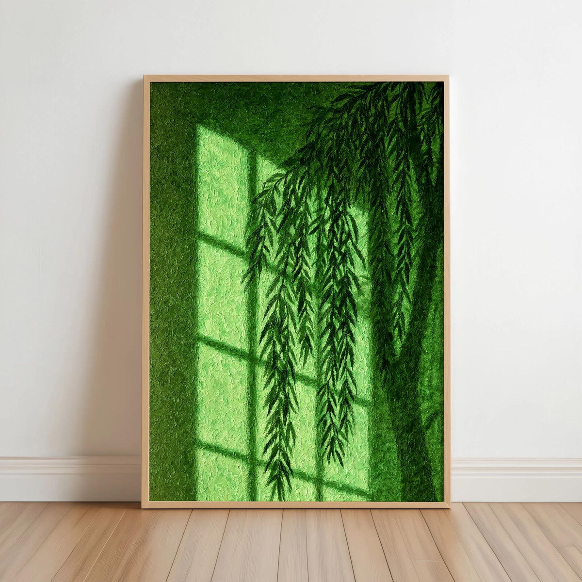 Willow Shadow Wall Art, Window Light Oil Paitning, Botanical Moody Plant Canvas, Warm Minimalist Silhouette Decor
