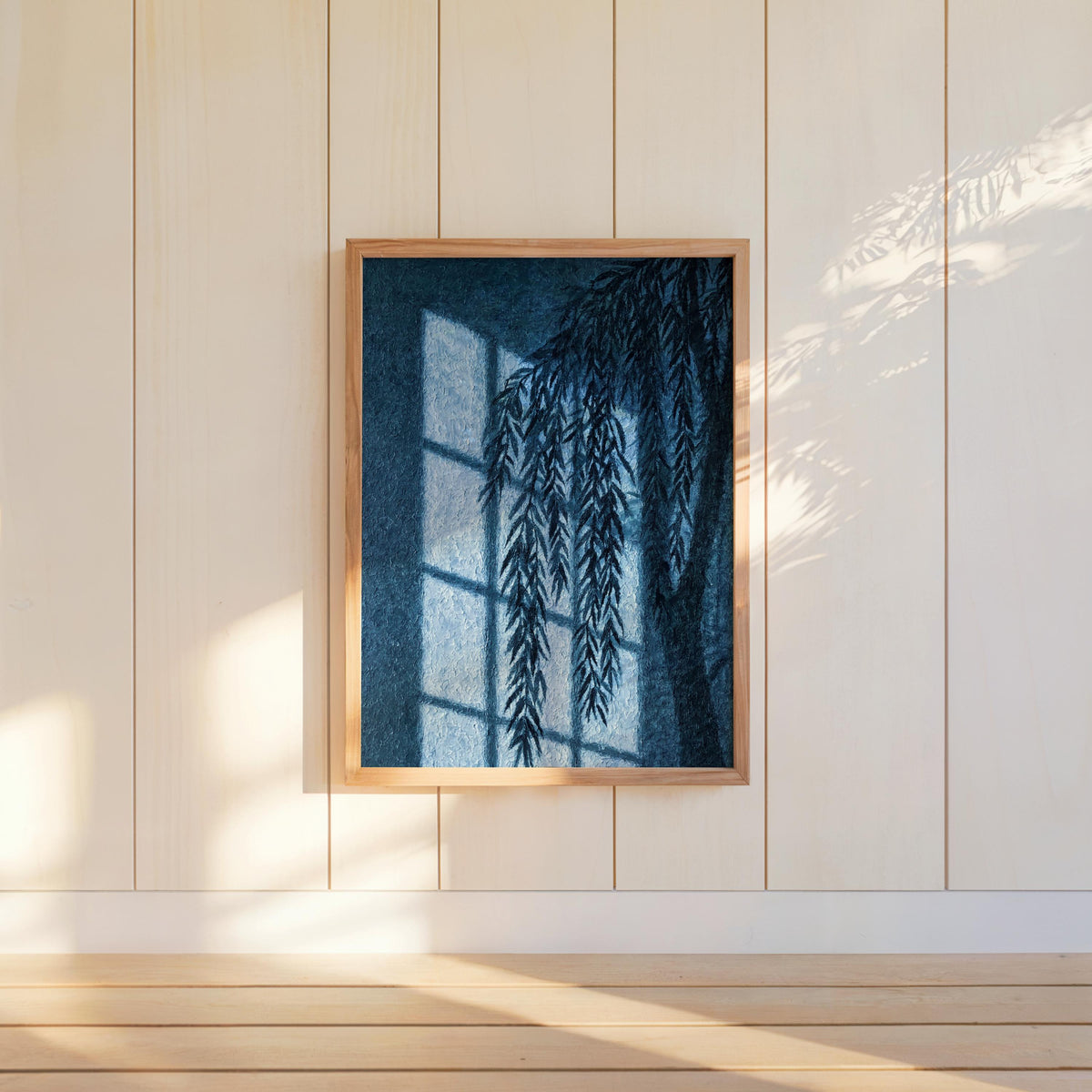 Willow Shadow Wall Art, Window Light Oil Paitning, Botanical Moody Plant Canvas, Warm Minimalist Silhouette Decor