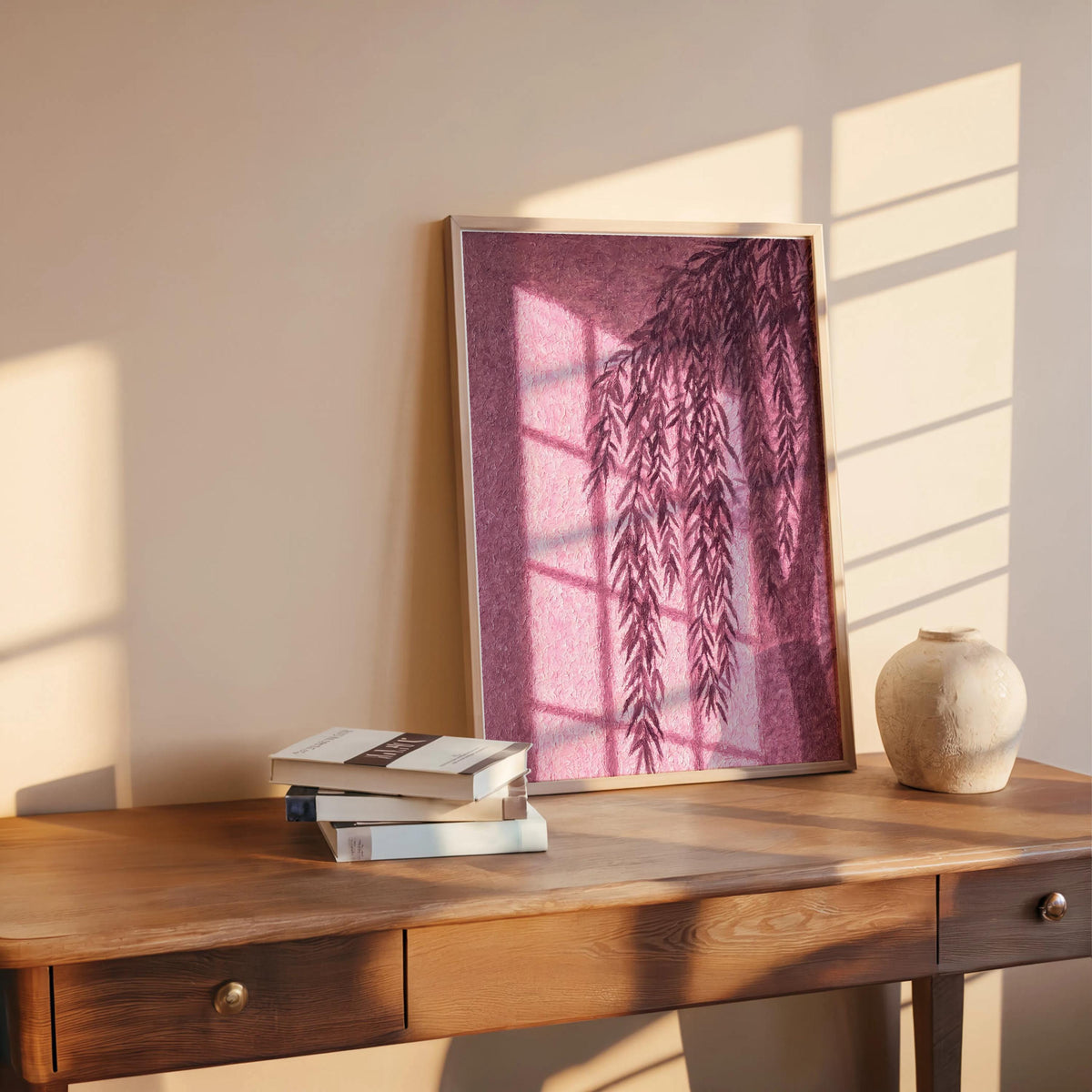 Willow Shadow Wall Art, Window Light Oil Paitning, Botanical Moody Plant Canvas, Warm Minimalist Silhouette Decor