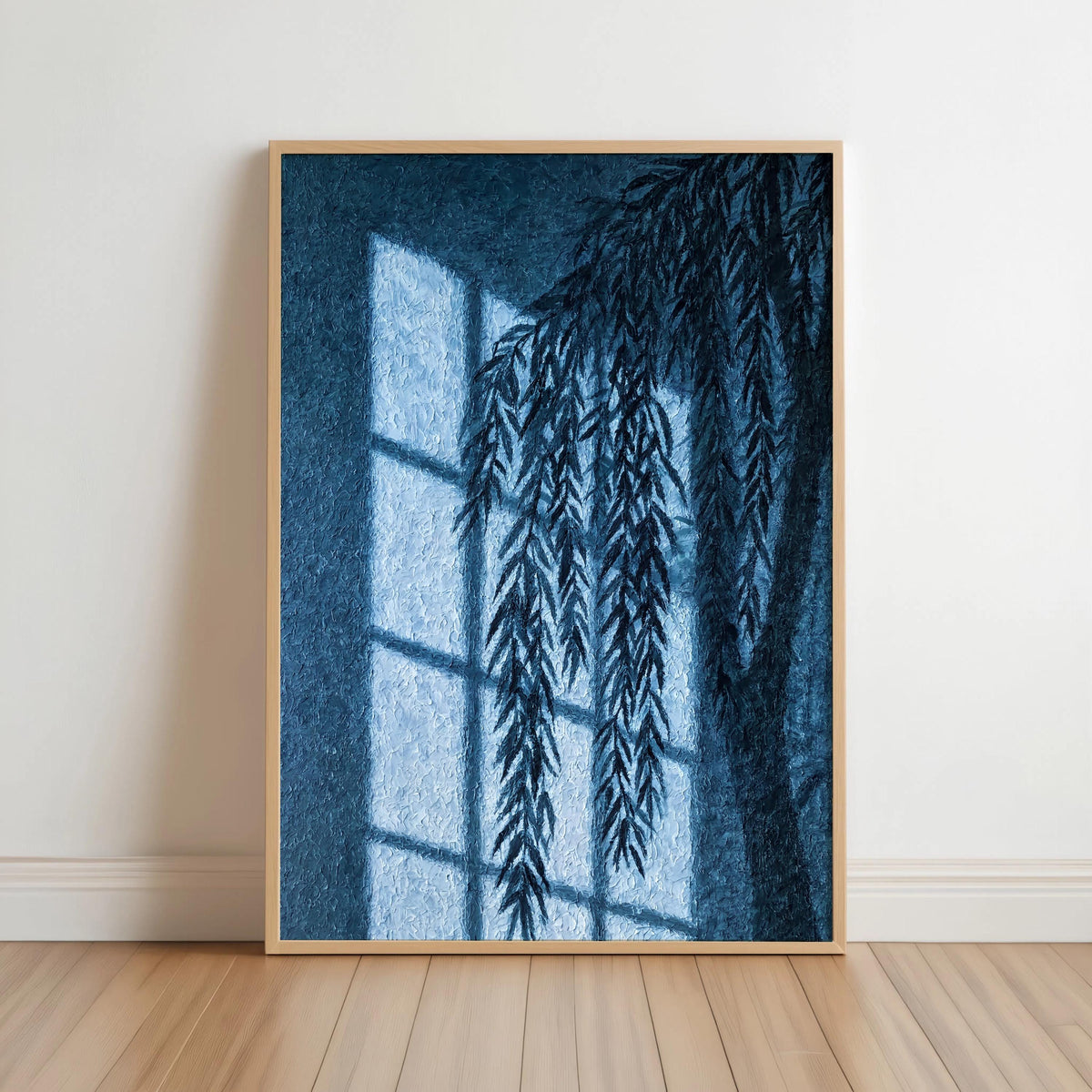 Willow Shadow Wall Art, Window Light Oil Paitning, Botanical Moody Plant Canvas, Warm Minimalist Silhouette Decor
