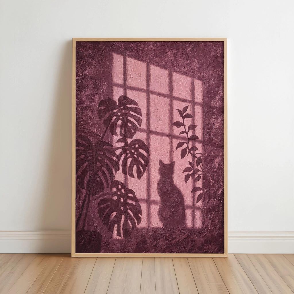 Window Light Cat & Plant Painting, Golden Hour Botanical Wall Art, Moody Animal Canvas, Warm Monstera Print, Minimalist Silhouette Artwork