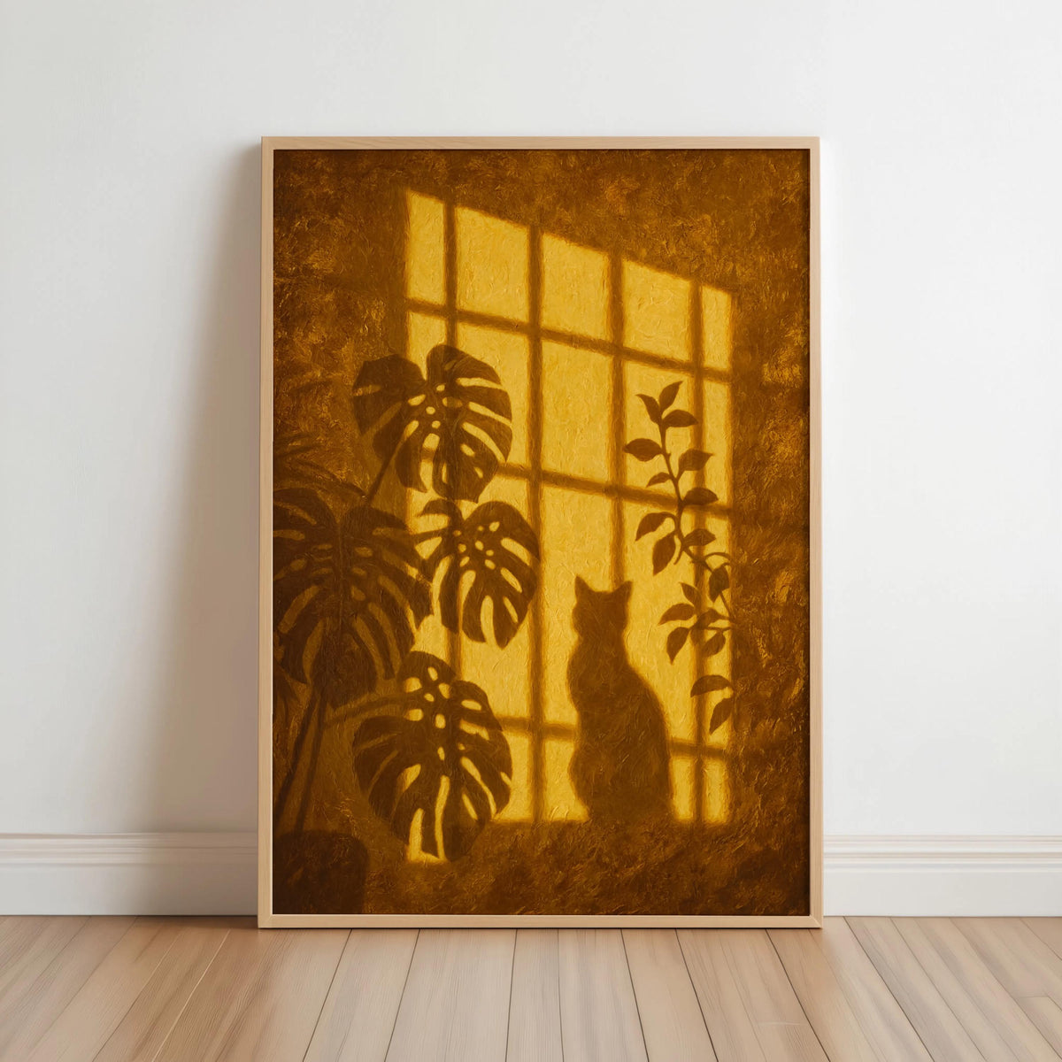 Window Light Cat & Plant Painting, Golden Hour Botanical Wall Art, Moody Animal Canvas, Warm Monstera Print, Minimalist Silhouette Artwork