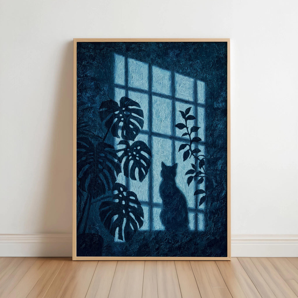 Window Light Cat & Plant Painting, Golden Hour Botanical Wall Art, Moody Animal Canvas, Warm Monstera Print, Minimalist Silhouette Artwork