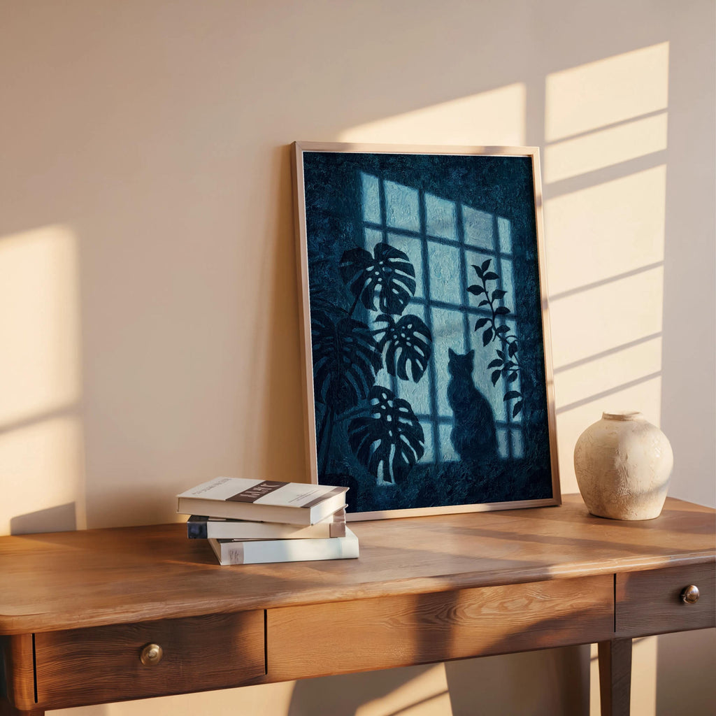 Window Light Cat & Plant Painting, Golden Hour Botanical Wall Art, Moody Animal Canvas, Warm Monstera Print, Minimalist Silhouette Artwork