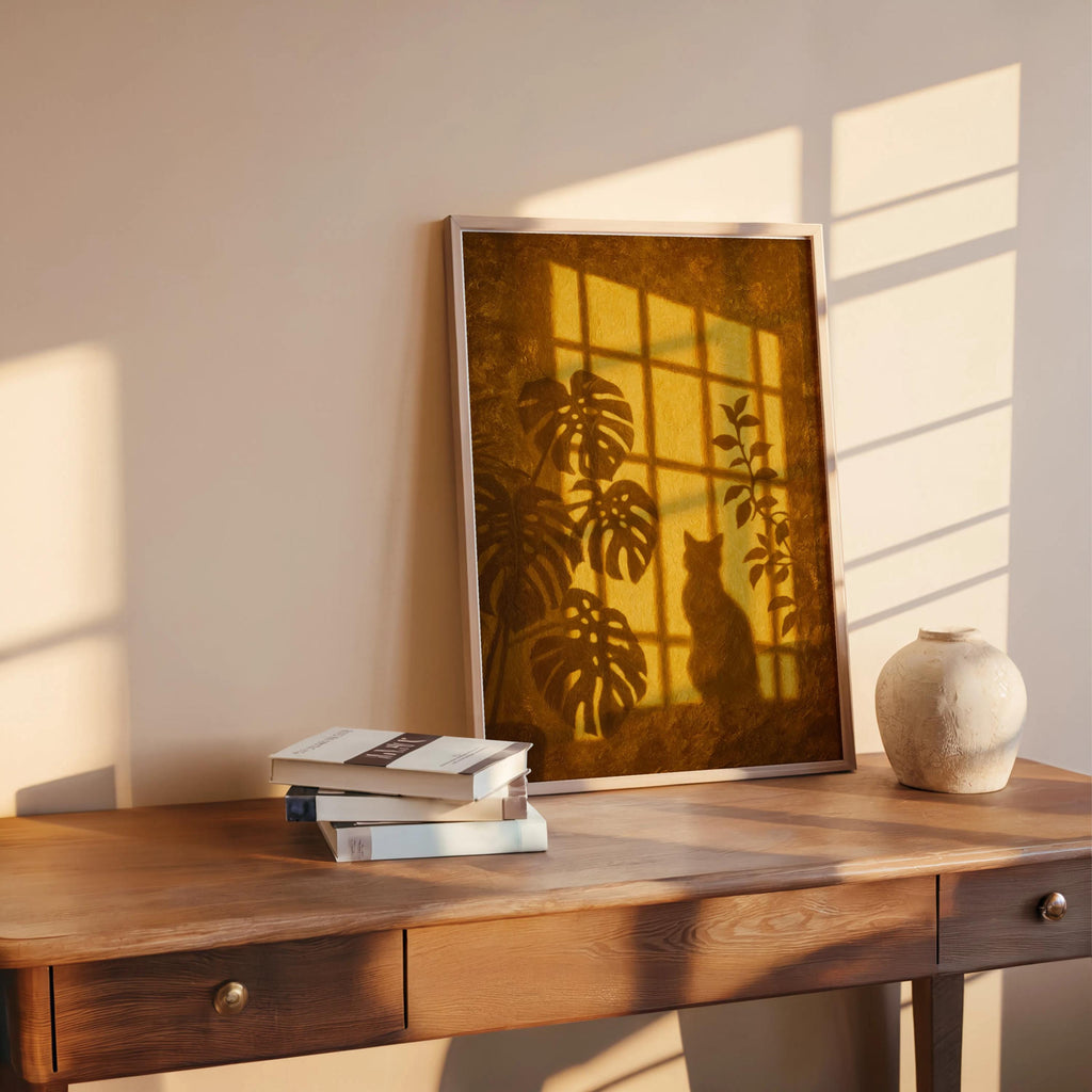 Window Light Cat & Plant Painting, Golden Hour Botanical Wall Art, Moody Animal Canvas, Warm Monstera Print, Minimalist Silhouette Artwork