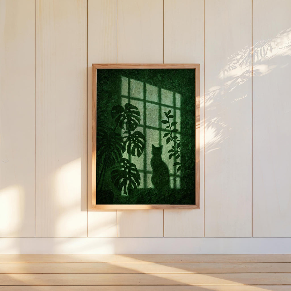 Window Light Cat & Plant Painting, Golden Hour Botanical Wall Art, Moody Animal Canvas, Warm Monstera Print, Minimalist Silhouette Artwork