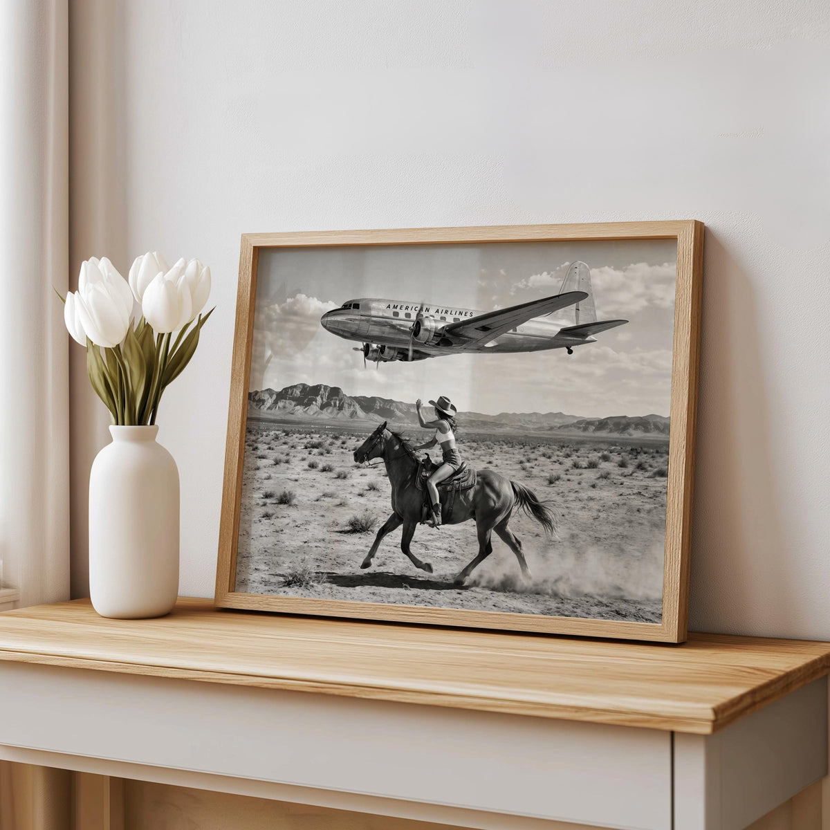 Retro Cowgirl Airplane Poster, American Airlines Photo Black & White, Western Female Cowboy 1950s Wall Art, Vintage Mid Century Horse Decor