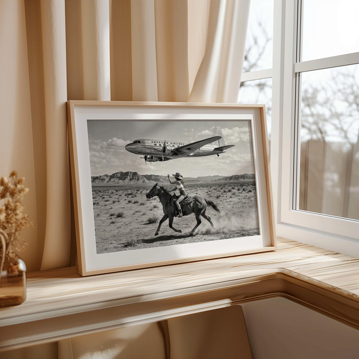 Retro Cowgirl Airplane Poster, American Airlines Photo Black & White, Western Female Cowboy 1950s Wall Art, Vintage Mid Century Horse Decor