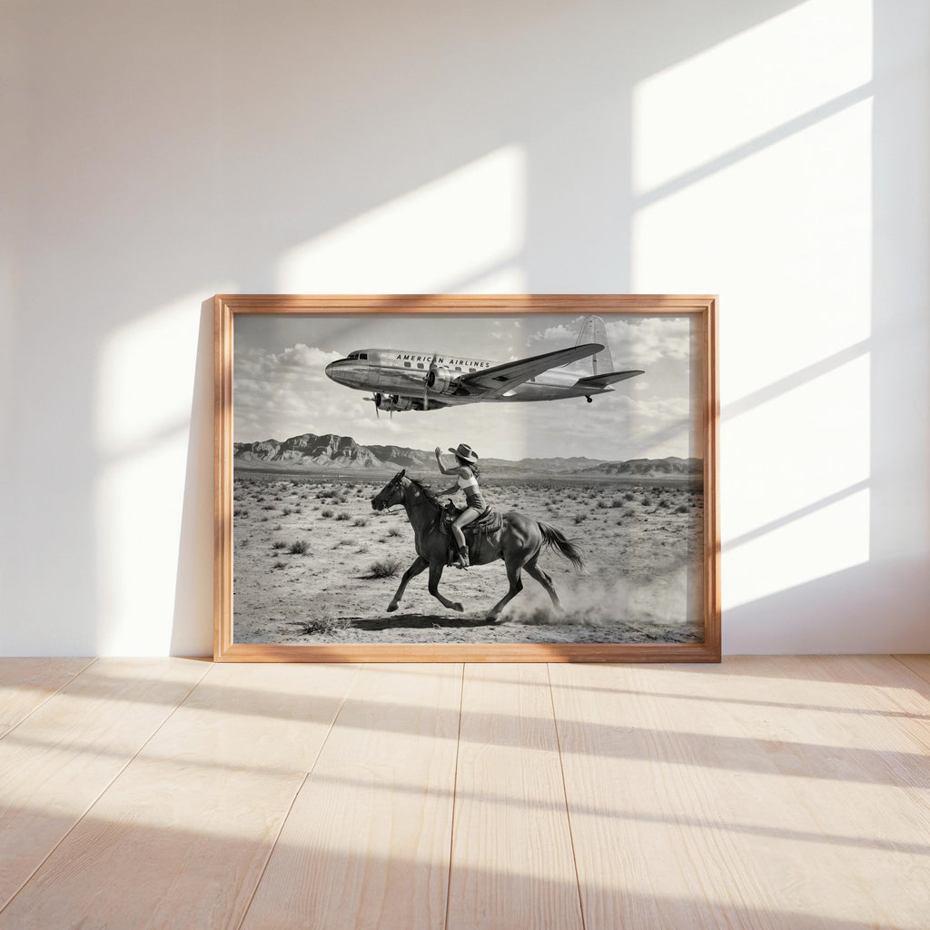 Retro Cowgirl Airplane Poster, American Airlines Photo Black & White, Western Female Cowboy 1950s Wall Art, Vintage Mid Century Horse Decor