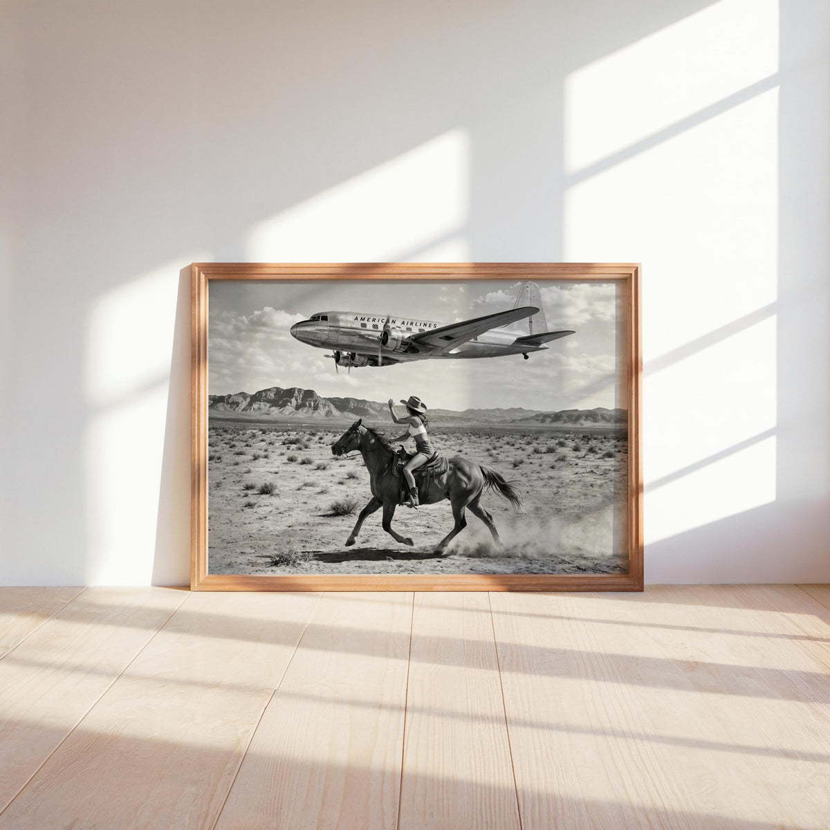 Retro Cowgirl Airplane Poster, American Airlines Photo Black & White, Western Female Cowboy 1950s Wall Art, Vintage Mid Century Horse Decor