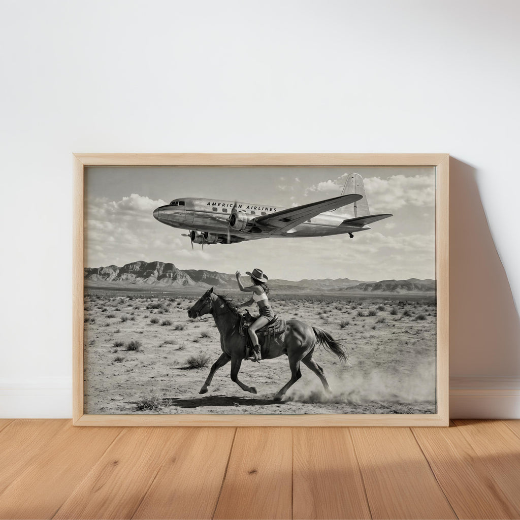 Retro Cowgirl Airplane Poster, American Airlines Photo Black & White, Western Female Cowboy 1950s Wall Art, Vintage Mid Century Horse Decor