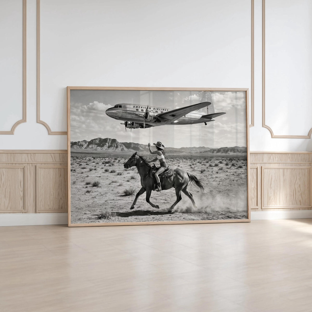 Retro Cowgirl Airplane Poster, American Airlines Photo Black & White, Western Female Cowboy 1950s Wall Art, Vintage Mid Century Horse Decor
