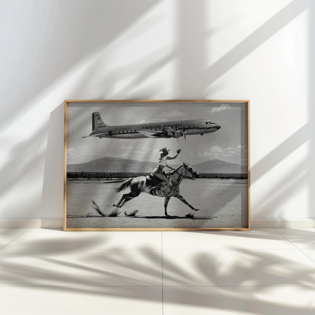 Retro Airplane Poster, Vintage Cowgirl Cowboy Wall Art, Black and White Desert Print, Funny Surreal Western Photography, 1950s Desert Horse