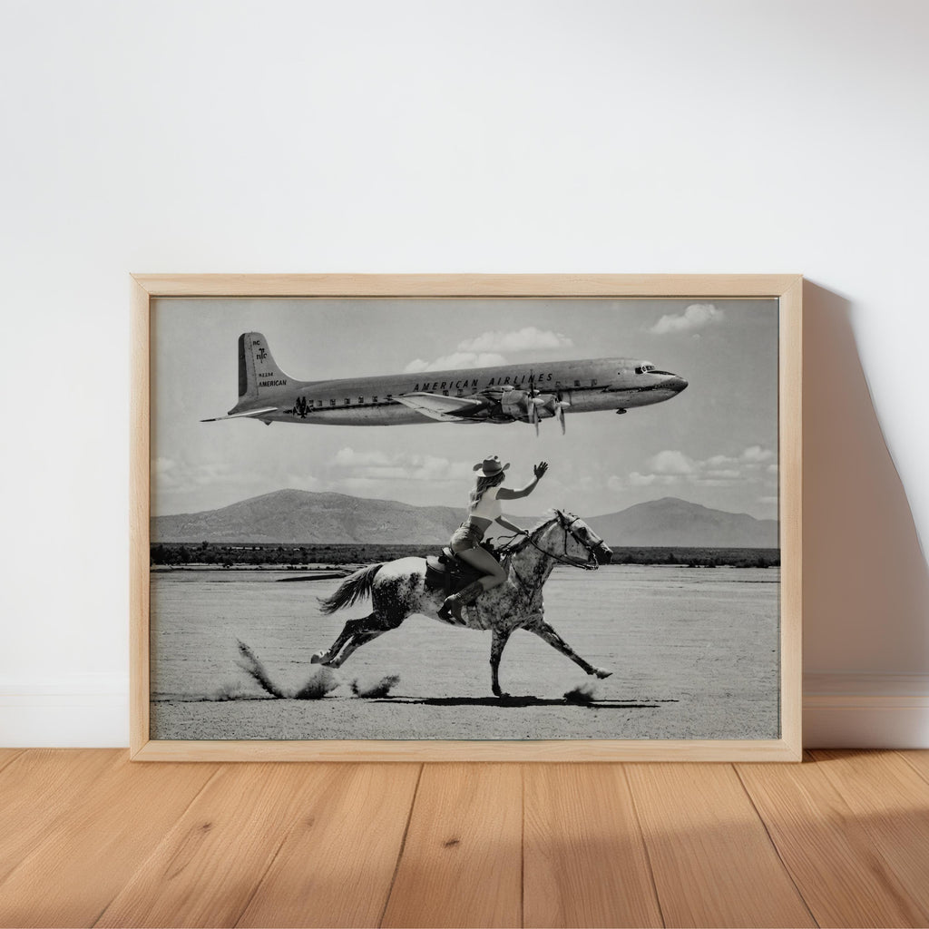 Retro Airplane Poster, Vintage Cowgirl Cowboy Wall Art, Black and White Desert Print, Funny Surreal Western Photography, 1950s Desert Horse