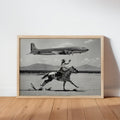 Retro Airplane Poster, Vintage Cowgirl Cowboy Wall Art, Black and White Desert Print, Funny Surreal Western Photography, 1950s Desert Horse