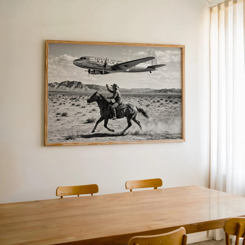 Cowboy & Airplane Wall Art, Vintage Aviation Print, Mid Century Desert Poster, Maximalist Western Decor, Black and White Funny Horse Rider