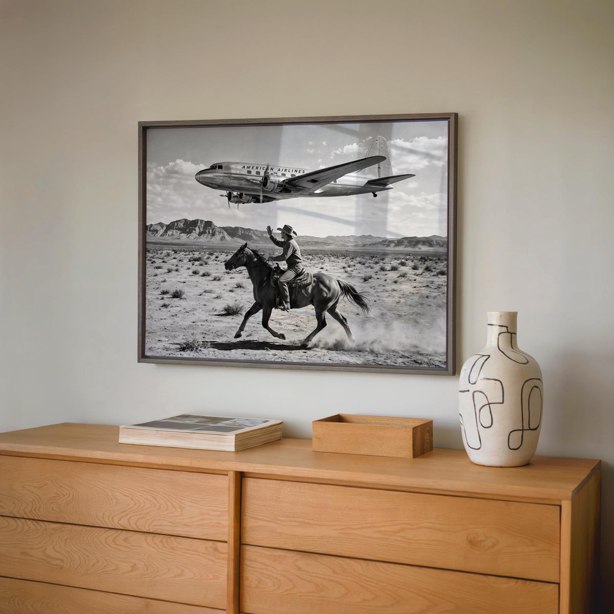 Cowboy & Airplane Wall Art, Vintage Aviation Print, Mid Century Desert Poster, Maximalist Western Decor, Black and White Funny Horse Rider