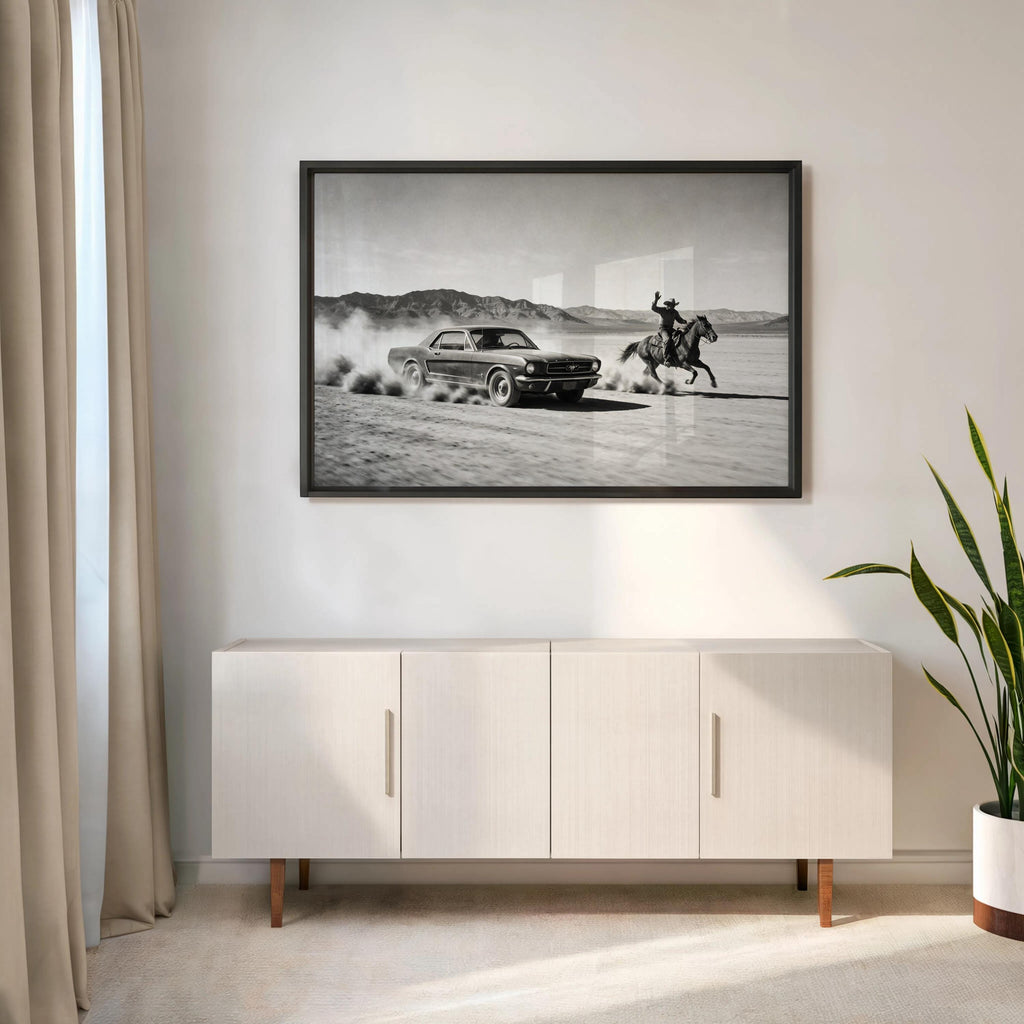 Cowboy & Horse VS Classic Car Print, Vintage Texas Black and White Photo, Western Country Old Poster, Mid Century Retro Americana Wall Art