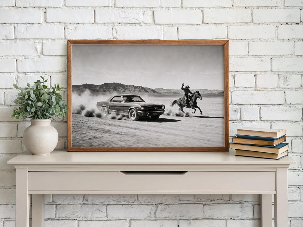 Cowboy & Horse VS Classic Car Print, Vintage Texas Black and White Photo, Western Country Old Poster, Mid Century Retro Americana Wall Art