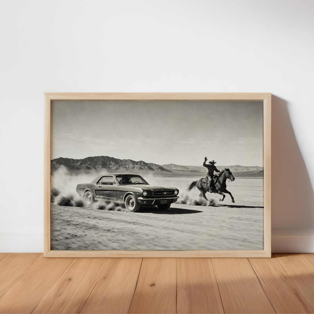 Cowboy & Horse VS Classic Car Print, Vintage Texas Black and White Photo, Western Country Old Poster, Mid Century Retro Americana Wall Art