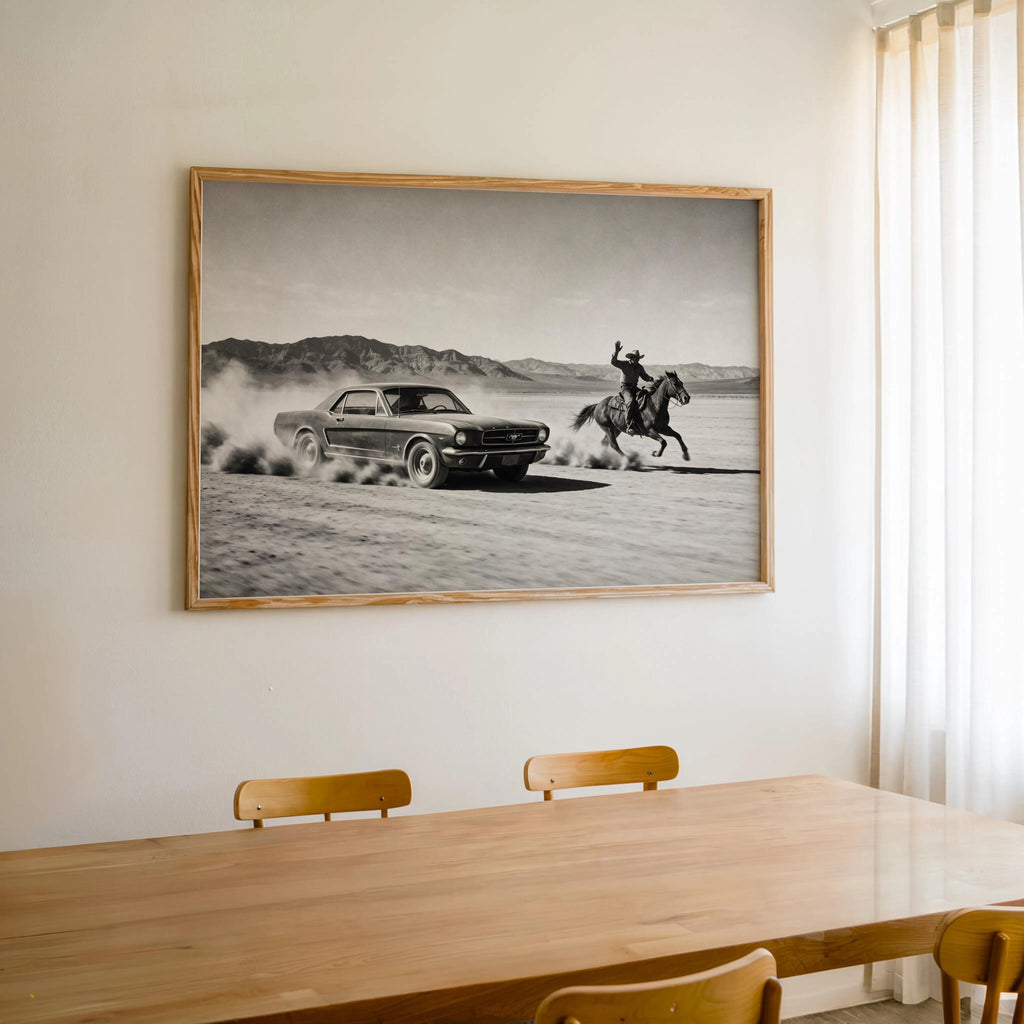 Cowboy & Horse VS Classic Car Print, Vintage Texas Black and White Photo, Western Country Old Poster, Mid Century Retro Americana Wall Art