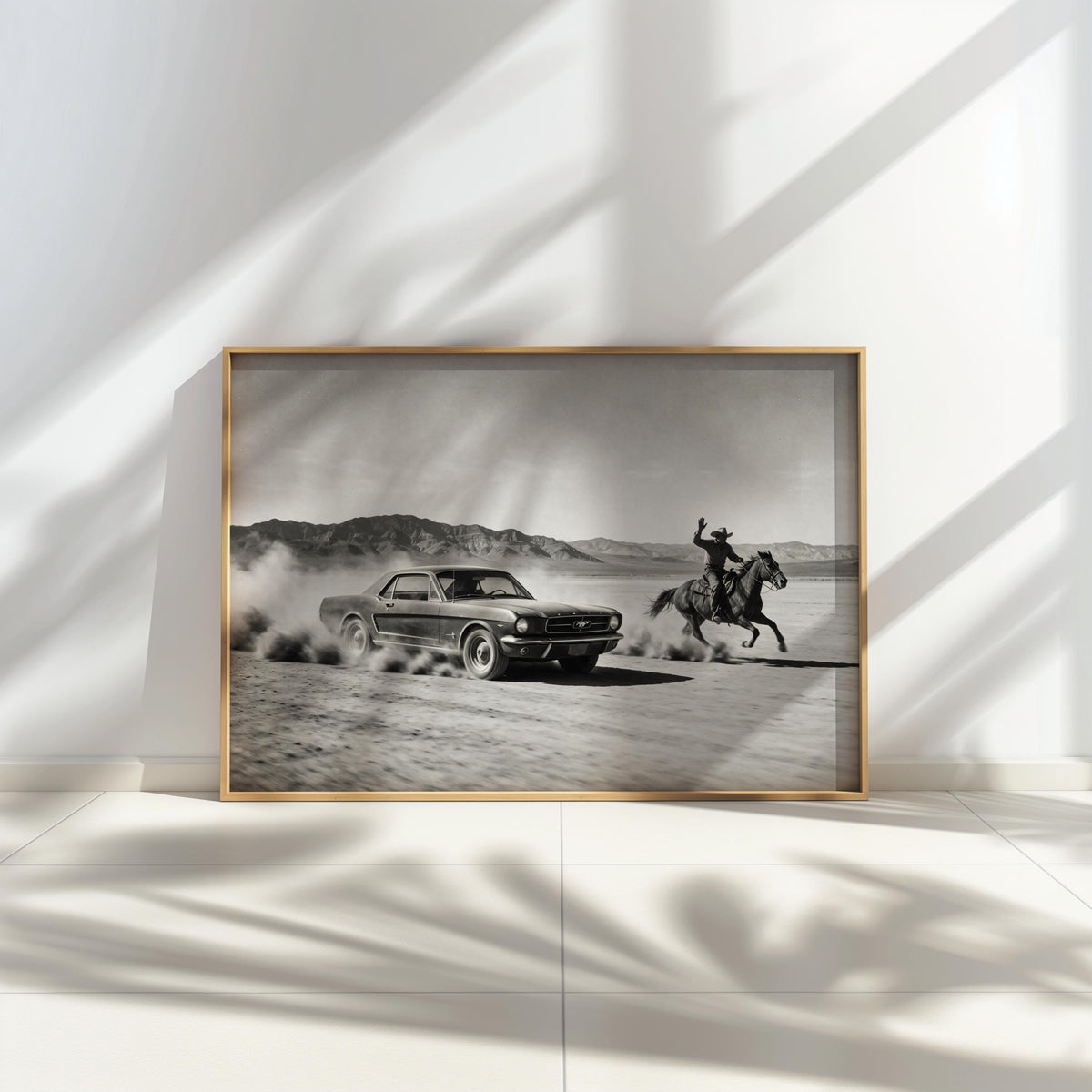 Cowboy & Horse VS Classic Car Print, Vintage Texas Black and White Photo, Western Country Old Poster, Mid Century Retro Americana Wall Art