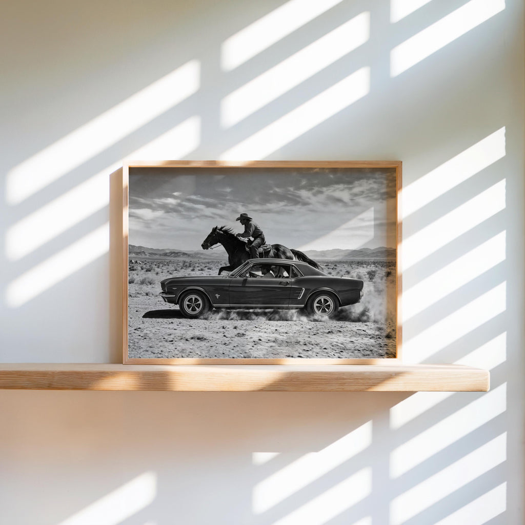 Sunlit shelf displaying Cowboy and Classic Car Wall Art in a simple frame, Panoramic Western wall art feel