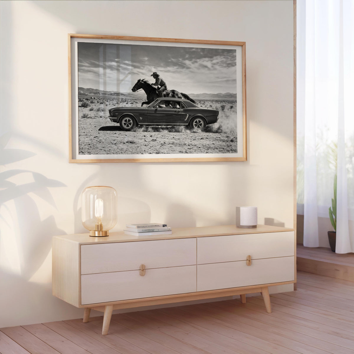 Cowboy and Classic Car Wall Art above a mid-century sideboard, Desert Western Art meets modern styling