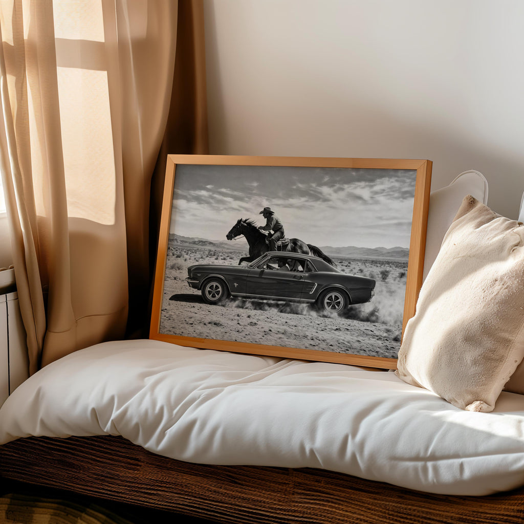 Bedroom nook with Cowboy and Classic Car Wall Art propped by pillows, Horse and Car Art in monochrome