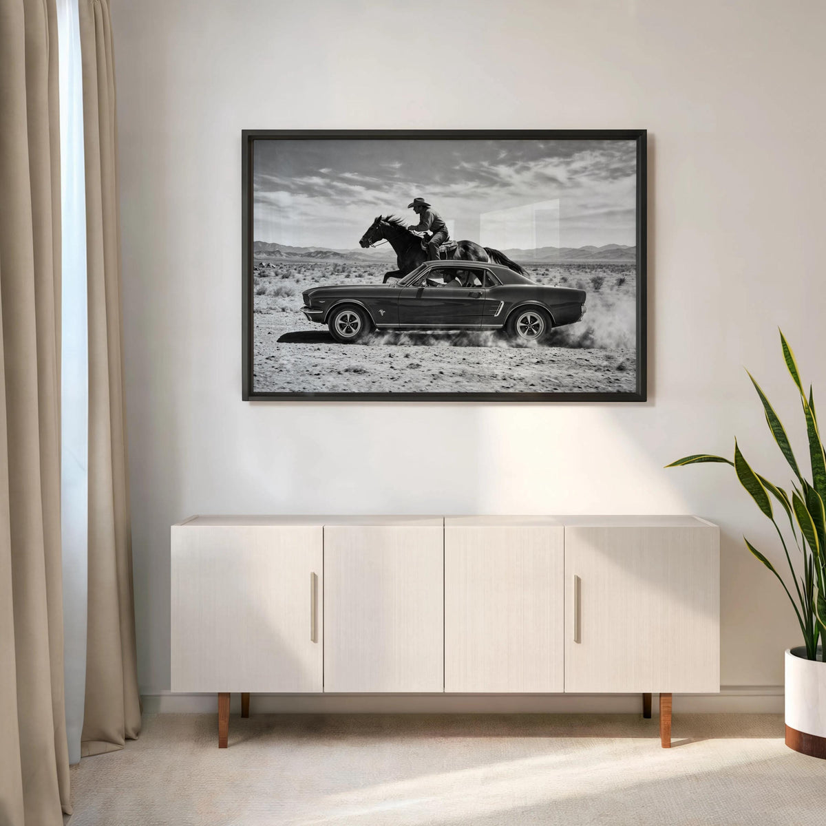 Black-framed Cowboy and Classic Car Wall Art hung above a cabinet, Horse and Car Art for office or den
