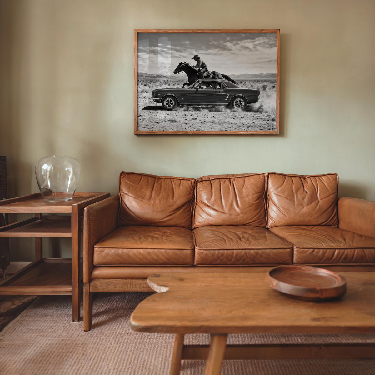 Cinematic Cowboy and Classic Car Wall Art centered above a leather sofa, panoramic Western wall art statement