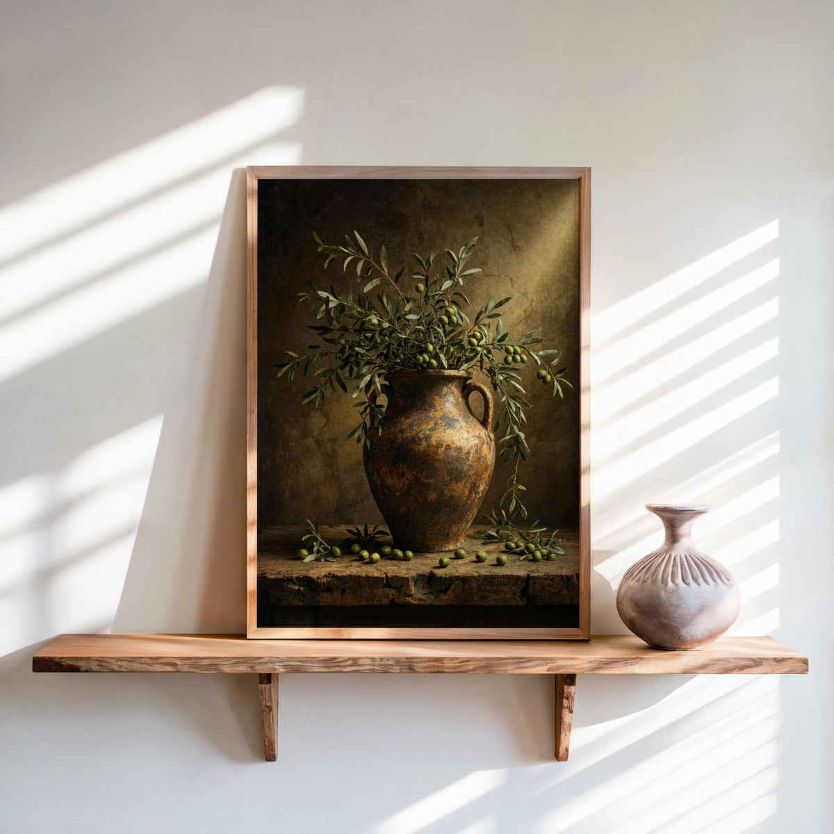 Mediterranean Olive Branch Wall Art, Rustic Still Life Print, Moody Kitchen Decor, Vintage Tuscan Botanical Poster