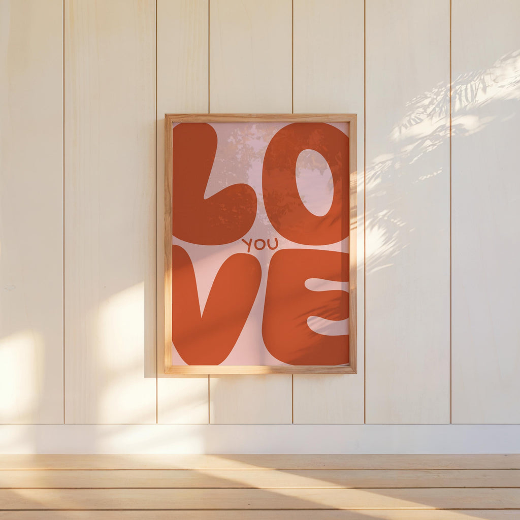 Love You Retro Wall Art, Colorful Typography Poster, Romantic Graphic Print, Playful Bedroom Decor