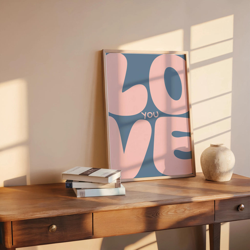 Love You Retro Wall Art, Colorful Typography Poster, Romantic Graphic Print, Playful Bedroom Decor