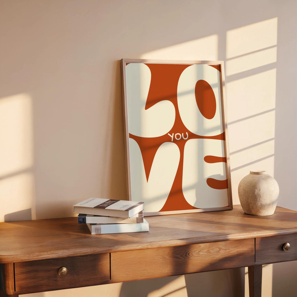 Love You Retro Wall Art, Colorful Typography Poster, Romantic Graphic Print, Playful Bedroom Decor