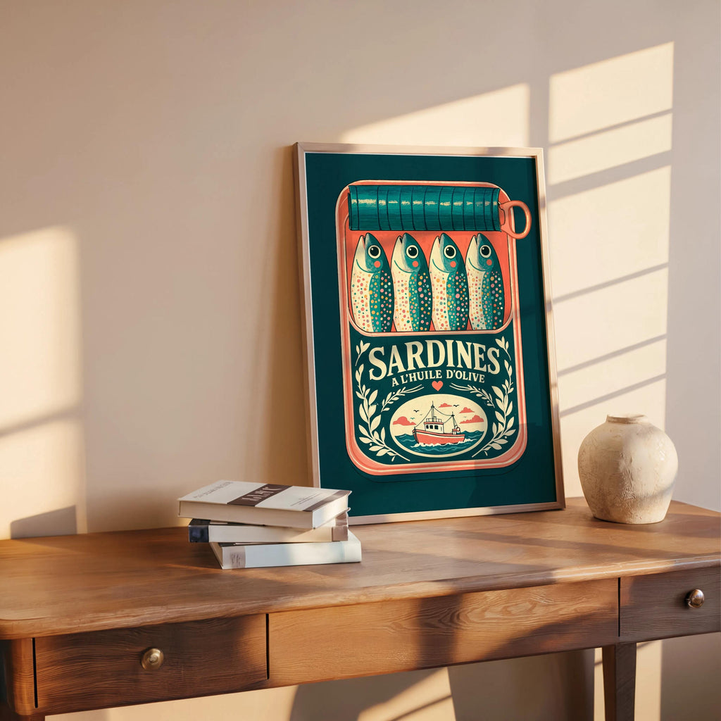 Sardines Can Wall Art, Tinned Fish Illustration, French Kitchen Print, Coquette Trendy Food Decor, Coastal Seafood Cooking Artwork
