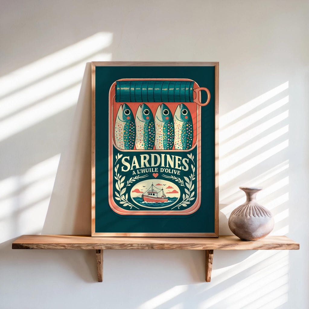 Sardines Can Wall Art, Tinned Fish Illustration, French Kitchen Print, Coquette Trendy Food Decor, Coastal Seafood Cooking Artwork