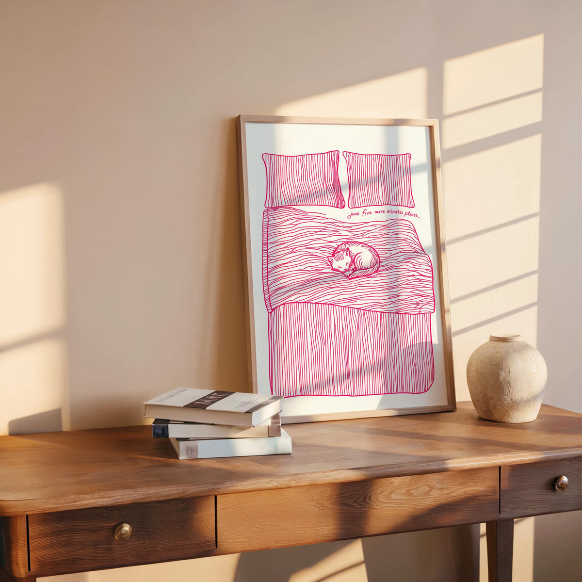 Just 5 more minutes Art Print, Funny Bedroom Decor, Let’s Stay In Bed Poster, Retro Trendy Sleep Tight Typography, Sleeping Cat Illustration