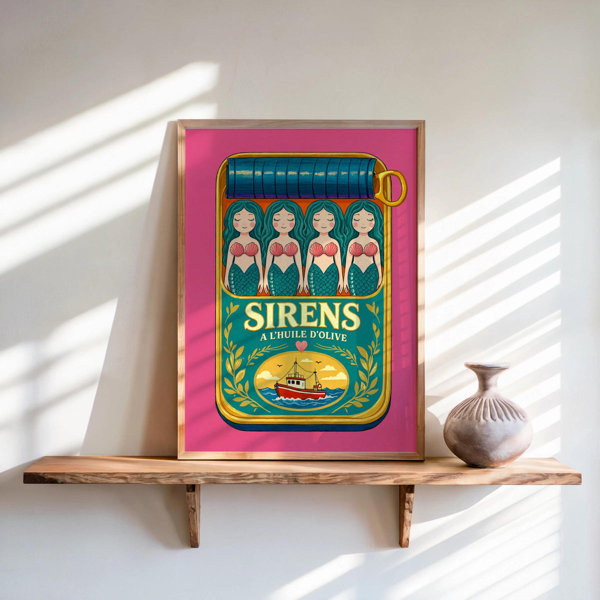 Pink-framed mermaid sardine tin art print, teal retro label and three green-haired sirens on shelf