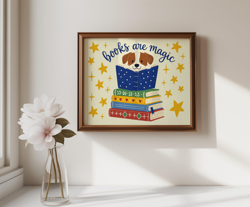 Dog reading wall art centered above small table with vase, warm light highlights playful puppy and star details