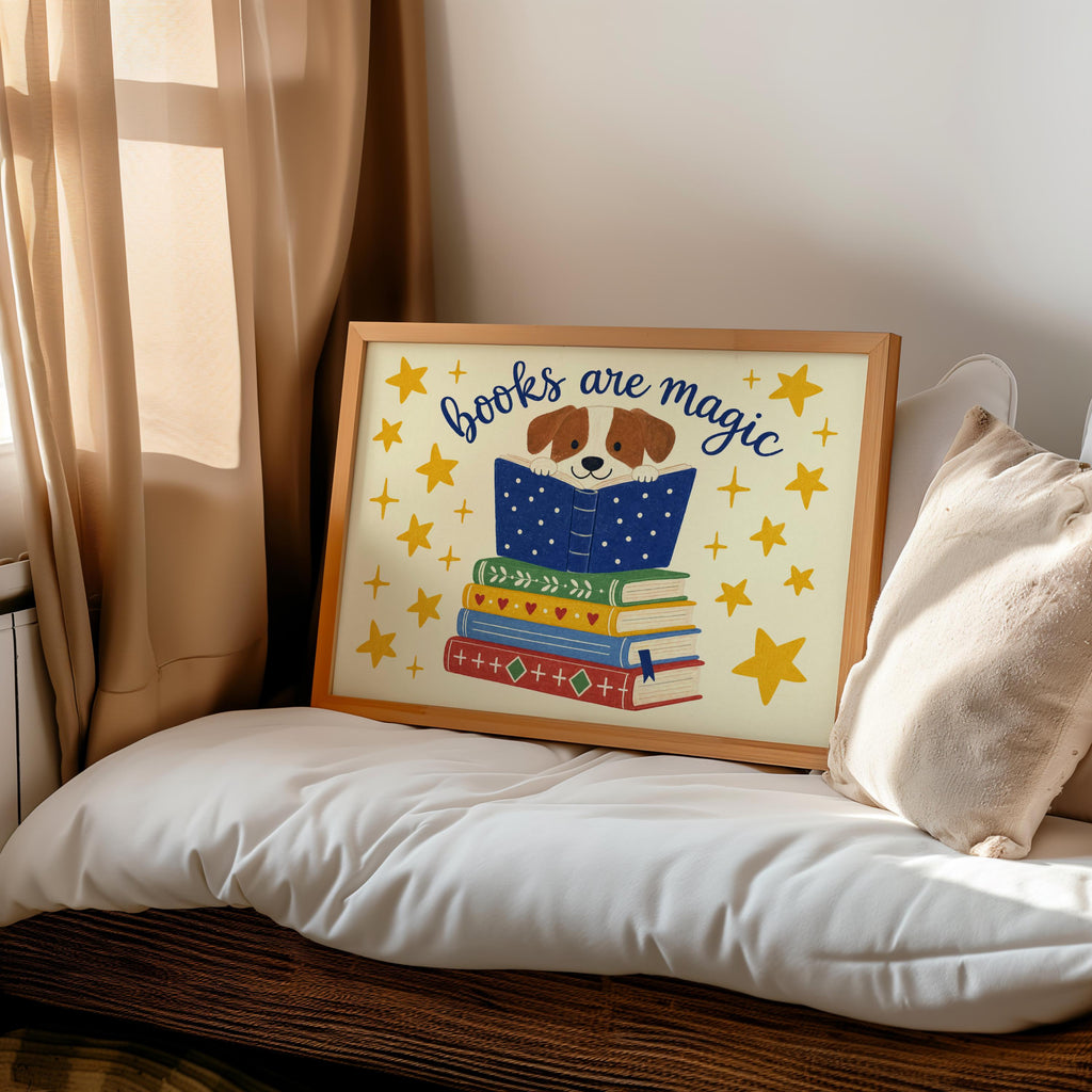 Dog reading wall art propped on cozy daybed, neutral pillows, perfect kids bedroom wall art for reading nook