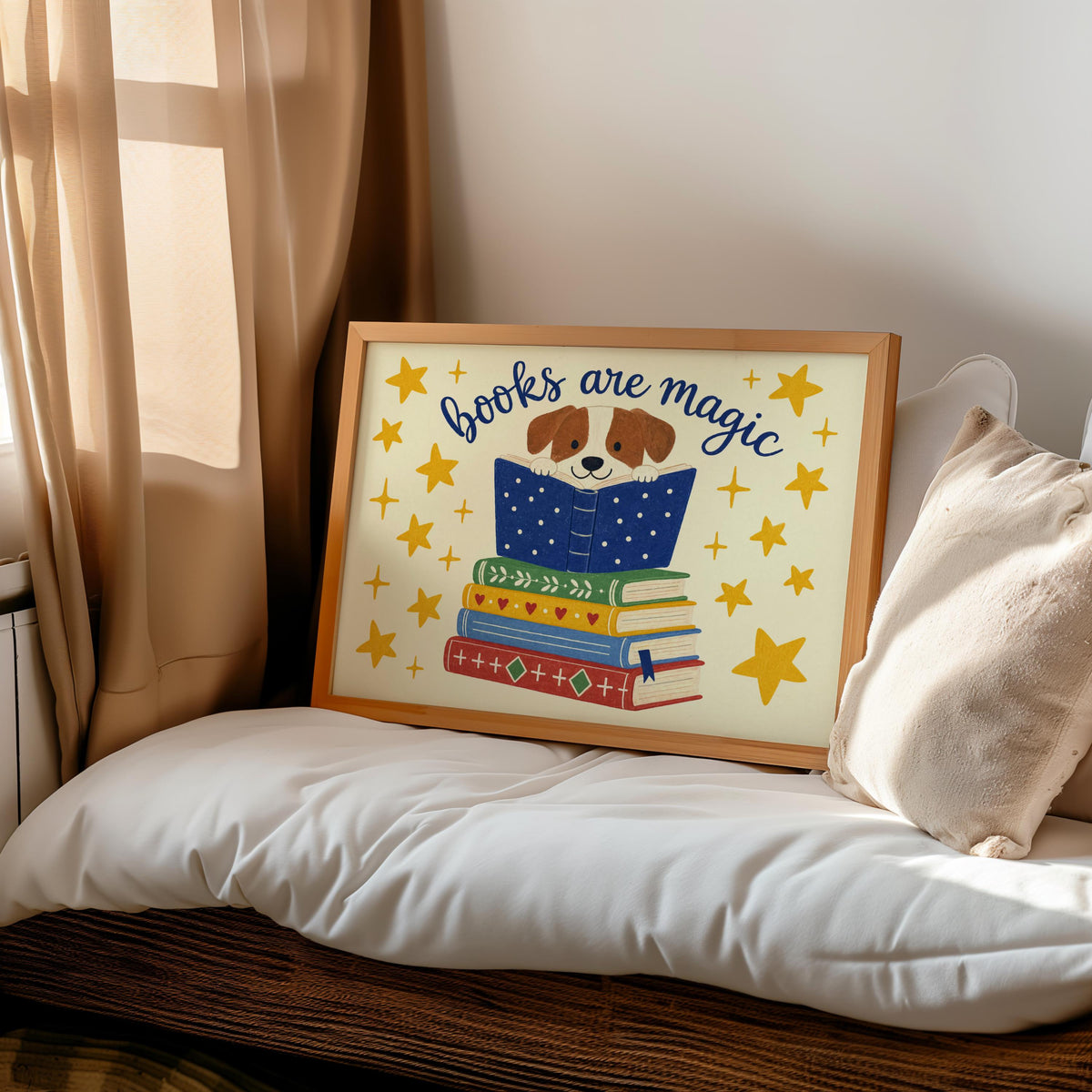 Dog reading wall art propped on cozy daybed, neutral pillows, perfect kids bedroom wall art for reading nook